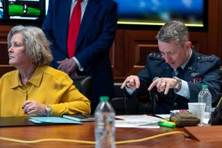 White House Chief of Staff Susie Wiles and Chairman of the Joint Chiefs of Staff General Dan Caine attend a meeting with U.S. President Donald Trump in the Situation Room at the White House in Washington, D.C., U.S. June 21, 2025